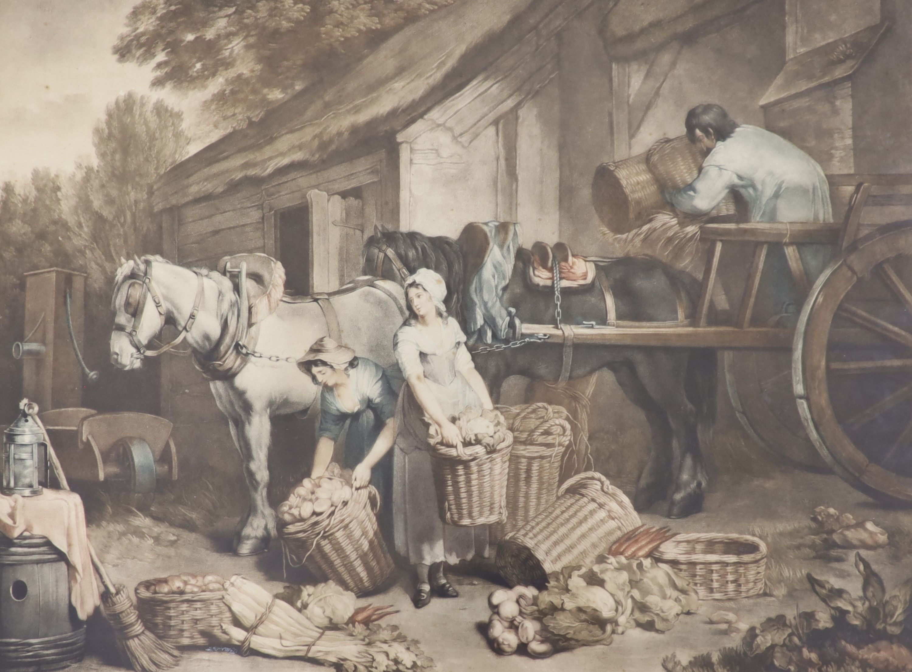 After James Ward and Francis Wheatley, two coloured mezzotints, Poultry Market and Preparing for Market, 44 x 55cm